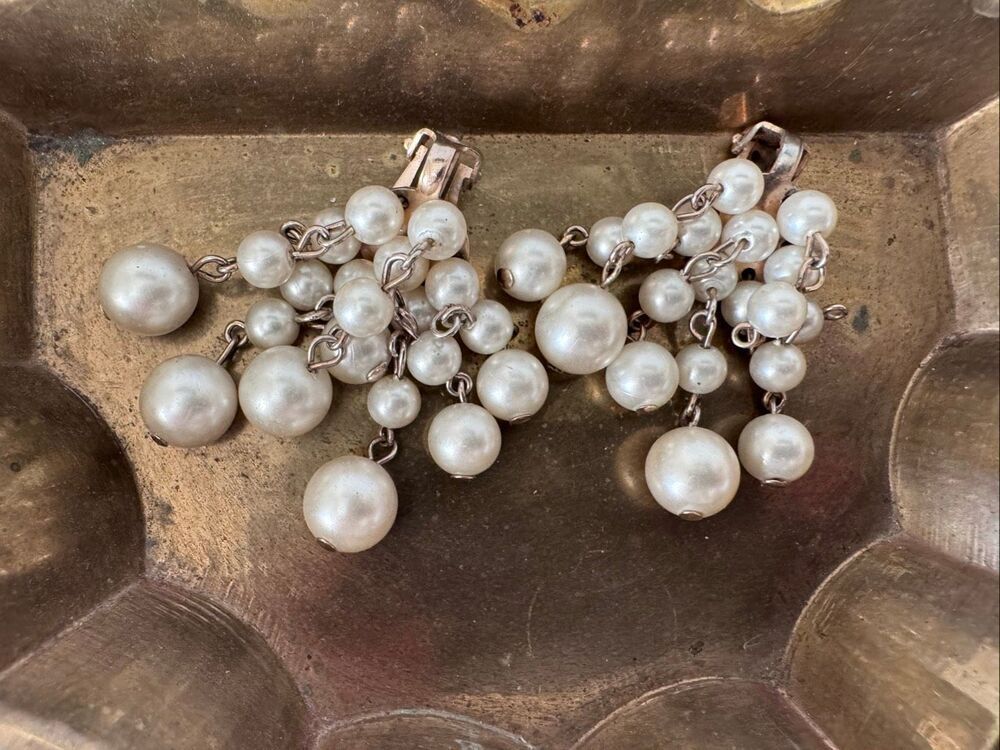 Pearl dangle cluster vintage earrings chandelier glam elegant dressy bubble ball